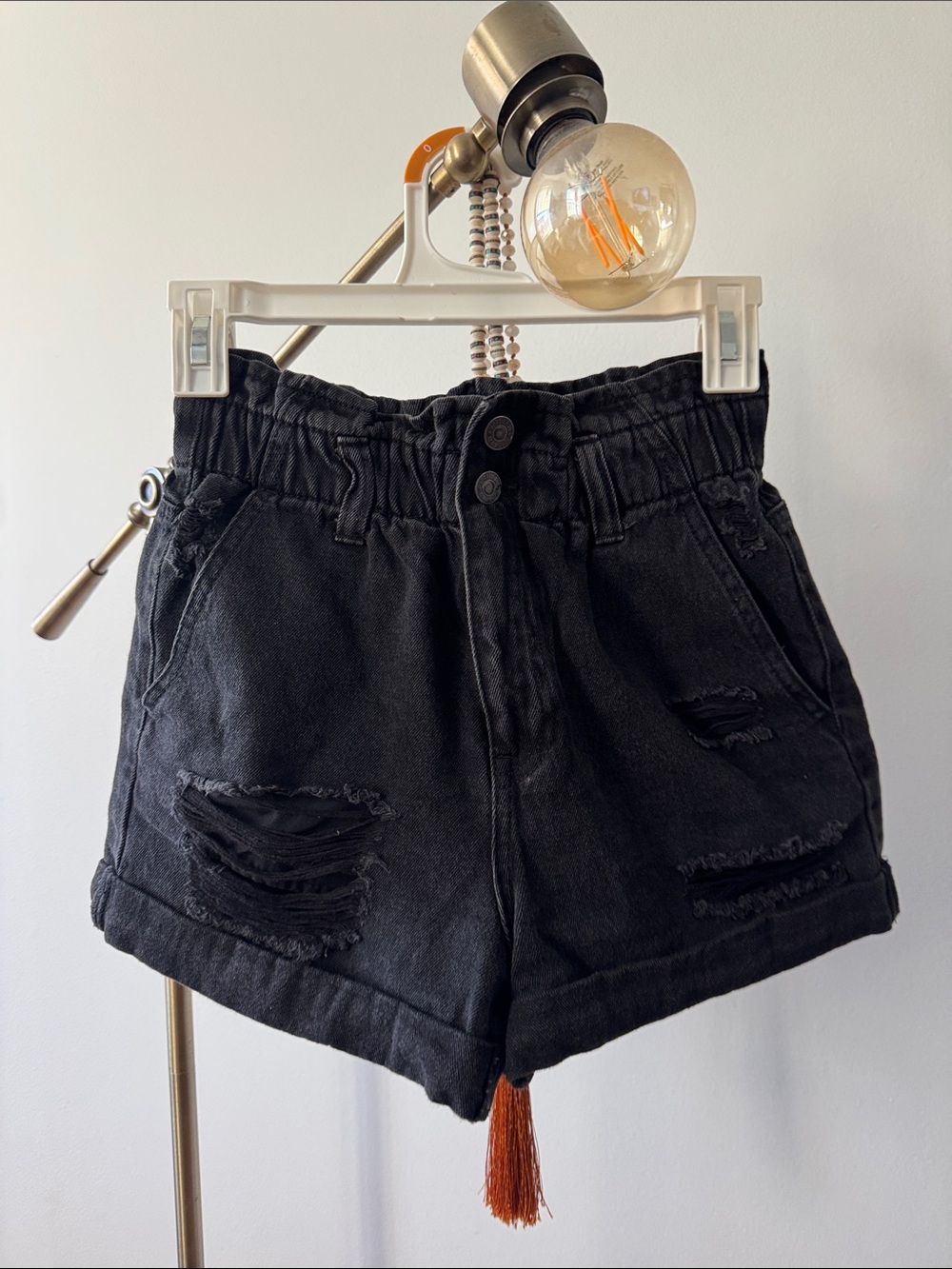 Forever 21 Black High-Waist Distressed Paperbag Denim Shorts